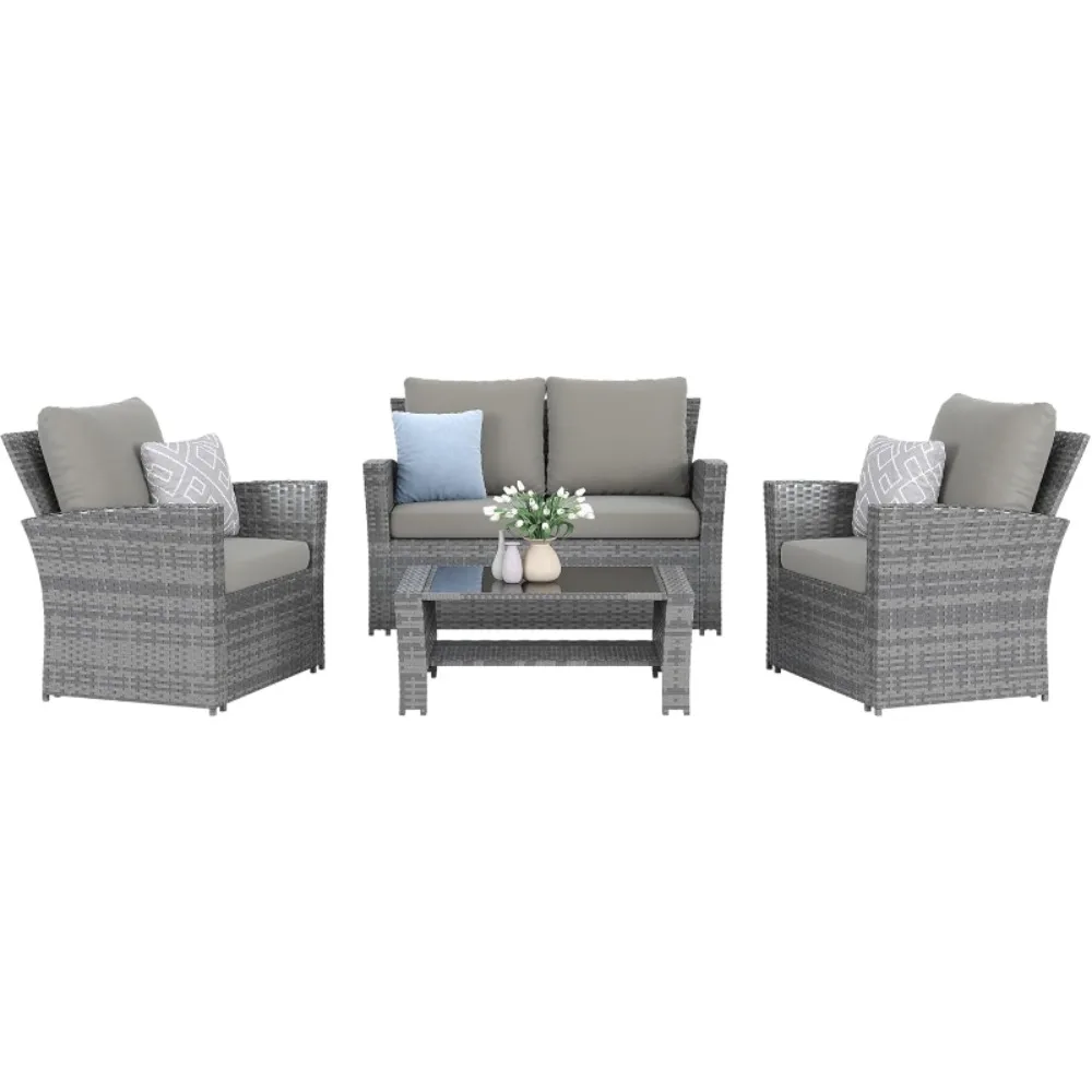 

4 Pieces Outdoor Patio Furniture Set,Wicker Sofa Outdoor Patio Set Rattan Sectional Furniture