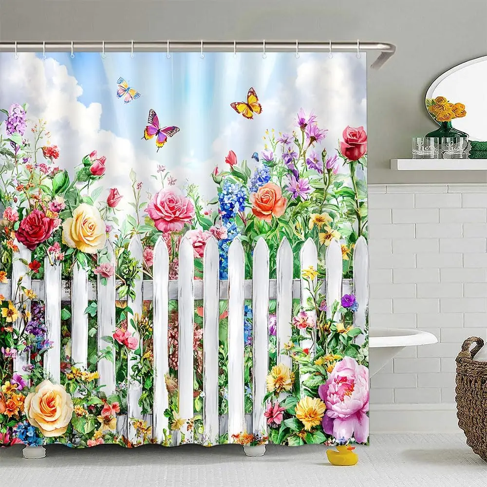 

Flower Butterfly Shower Curtain Spring Garden Rustic Watercolor Floral Fence Farmhouse Peony Rose Flowers Fantasy Women Nature