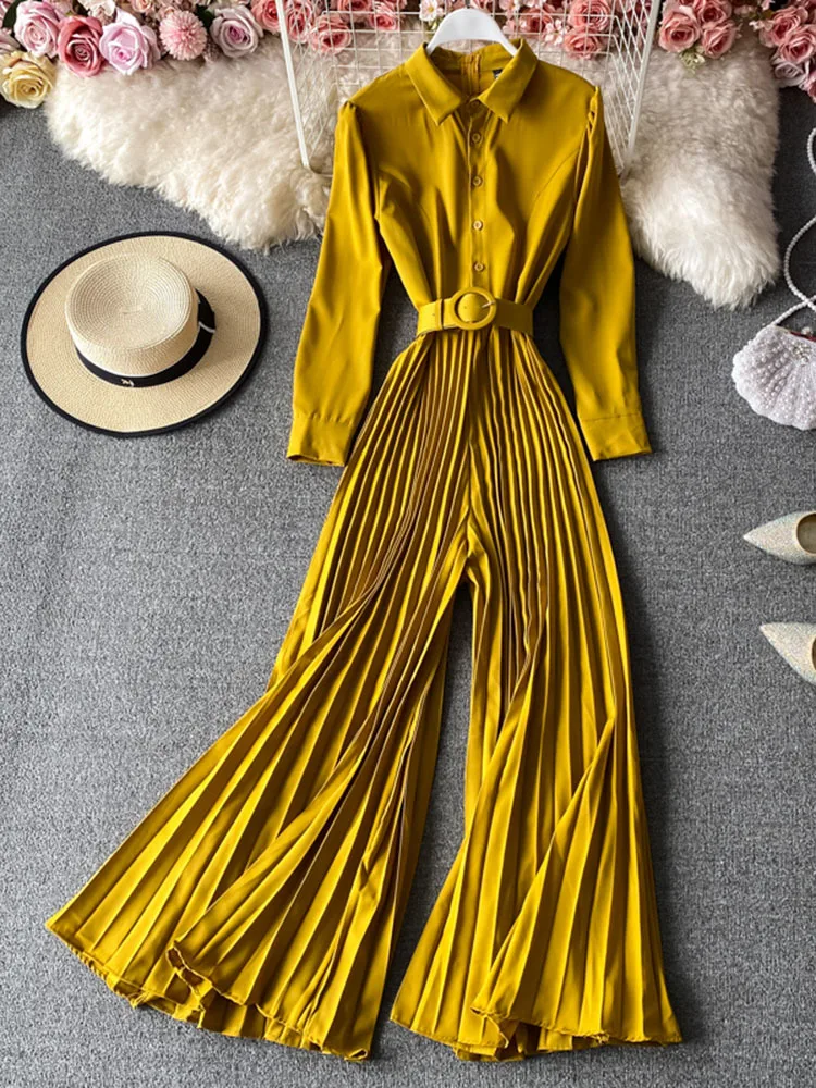 EWQ Sweet Style Women Jumpsuits Vintage Pleated Lace-up High Waist Long-sleeve Female Jumpsuit Spring Summer 2023 New SN0542