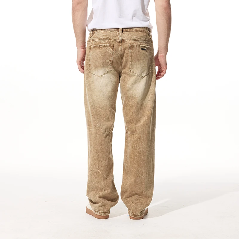 봄-여름 클랜핏 스트레이트 튜브 버전 루즈한 캐주얼 얇은 나방 노란색 천 청바지에 약간의 구멍이 있음