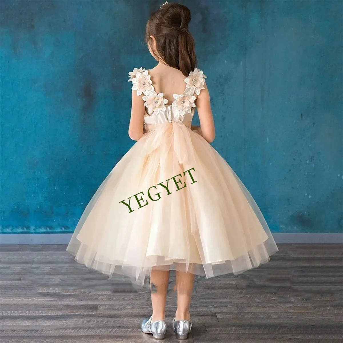 

Flower Girl Dress Baby Sleeveless With Three-dimensional Flowers And Belt A-line Tulle Tea-length For Children Birthday Party