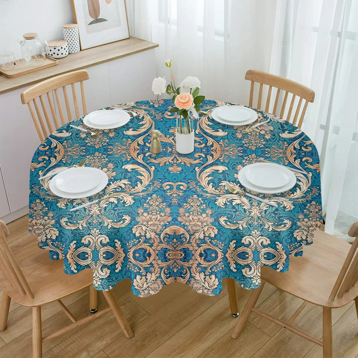 Gradient Flower Texture Abstract Retro Round Waterproof Tablecloth Home Decorative Table Cover Party Wedding Dining Table Cloth