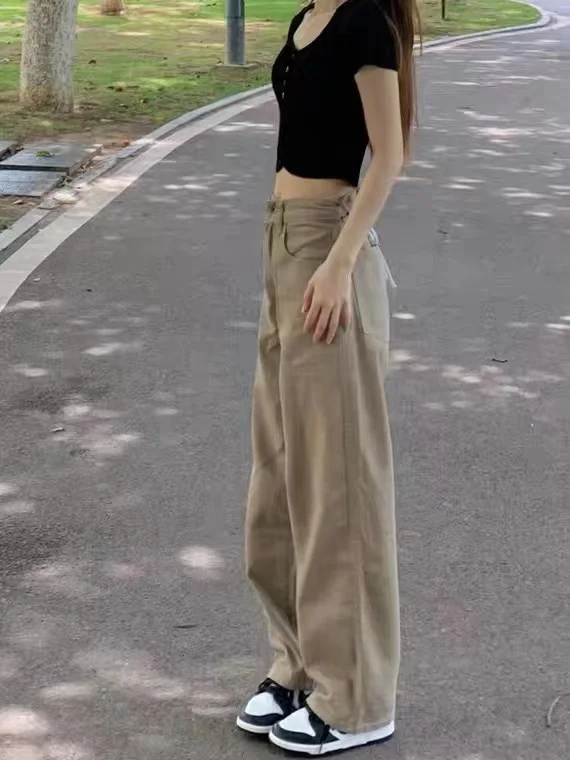 

Серые джинсы для женщин Y2K украшения на шнурке с эластичной резинкой на талии, свободный крой, женские джинсовые модные удобные базовые простые