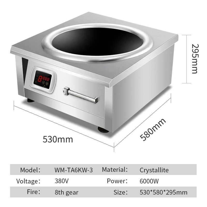 Коммерческая индукционная плита для приготовления пищи, профессиональная плита 380 В, 6000 Вт, вогнутая варочная панель, большая мощность, высокая плита для горелки вок, электрическая