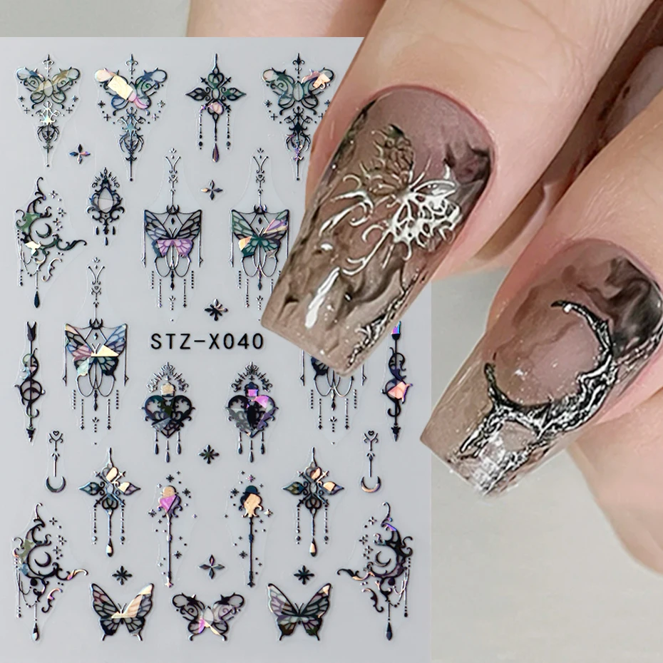 Black White Butterfly Laser Nail Stickers Y2K Nail Art Decoration Abstract Metal Lines Bronzing Lace Flowers Stickers For Nails