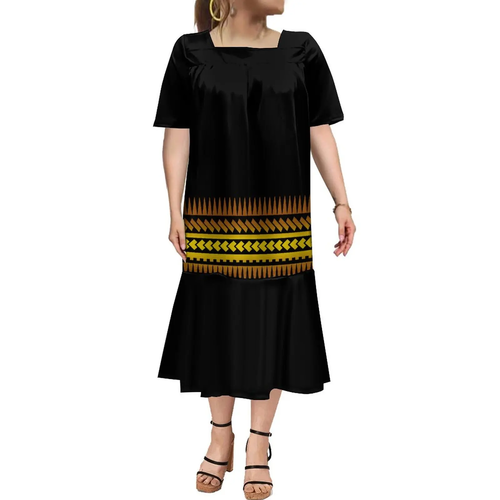 

Custom Samoa Islander Clothing Hawaii New Collection Square Neck Sexy Long Dress MUMU Polynesia Women Dress Ruffle Design