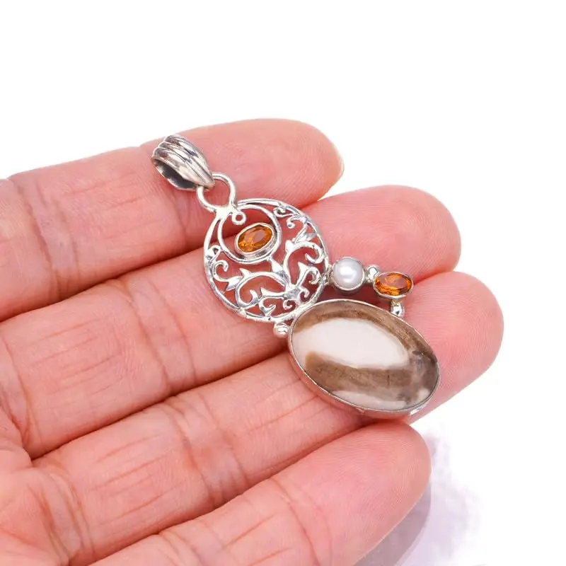 

StarGems Natural Jasper&Tree,River Pearl And Citrine Handmade 925 Sterling Silver Pendant 2" F6498