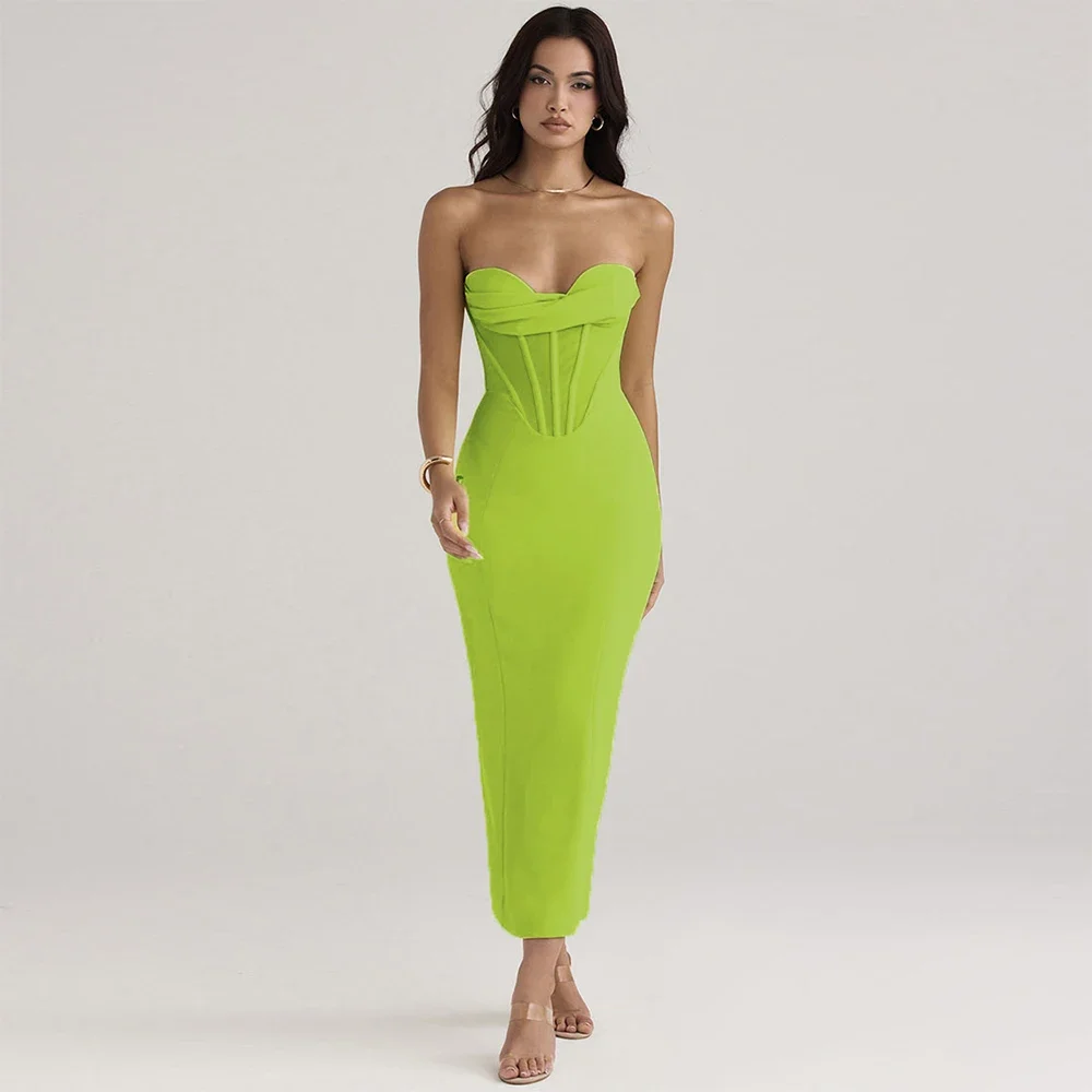 

Elegant Women Strapless Bandage Dress Sexy Draped Bodycon Clothing Club Party Midi Dresses