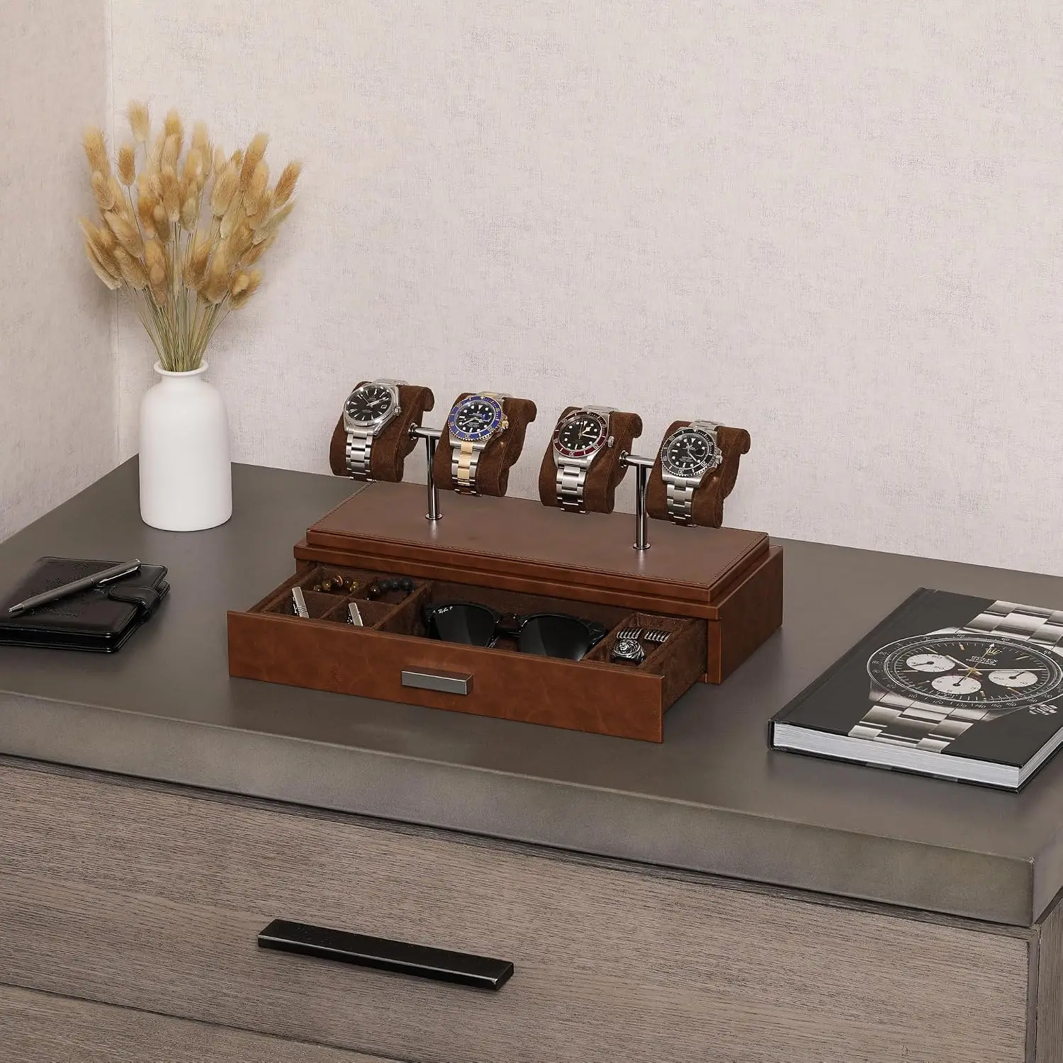 Leather Box Acrylic Cover Four Watch Storage Slide Cushions Drawer Configurations Tan Brown