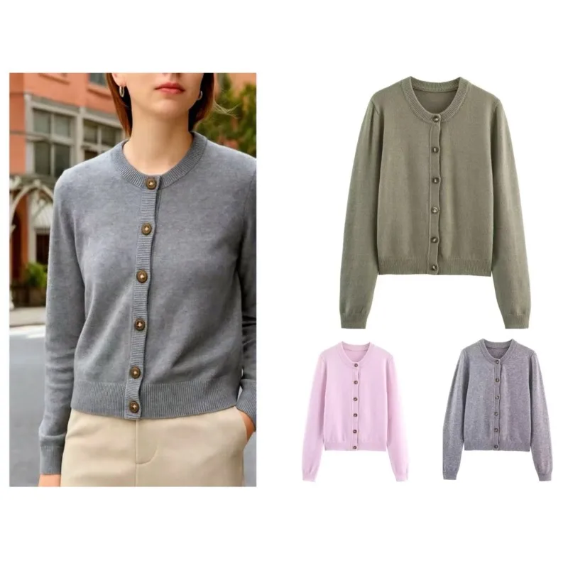 NERHEFZ 여성 단순한 버튼 달린 가디건 가을 신축성 니트 캐주얼 여성용 기본 탑 리브드 트림 긴 소매 여성 스웨터