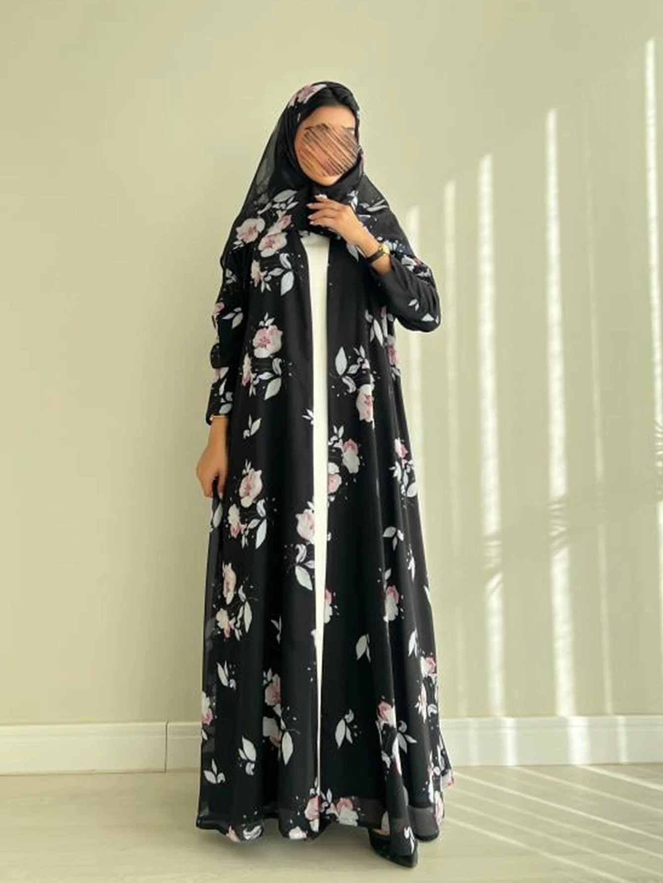 

Elegant Black Floral Print Sheer Long Abaya Modest Middle Eastern Dress with Scarf
