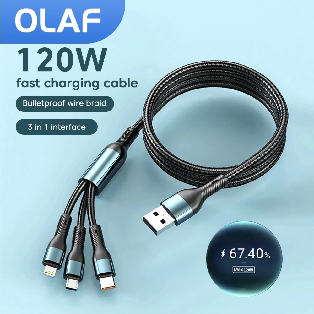 OLAF 120W USB C  Charging Cord Micro USB TYPE-C 3 In 1 Multiple Mobile Phone Fast Charge Cable for Iphone 14 Poco Samsung