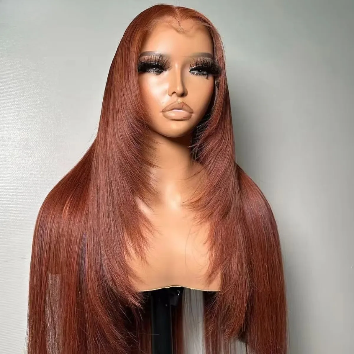 Reddish Brown Synthetic 13x4 HD Lace Front Wig Straight Layered Medium Part Natural Looking Colored Lace Wig for Women Party Use