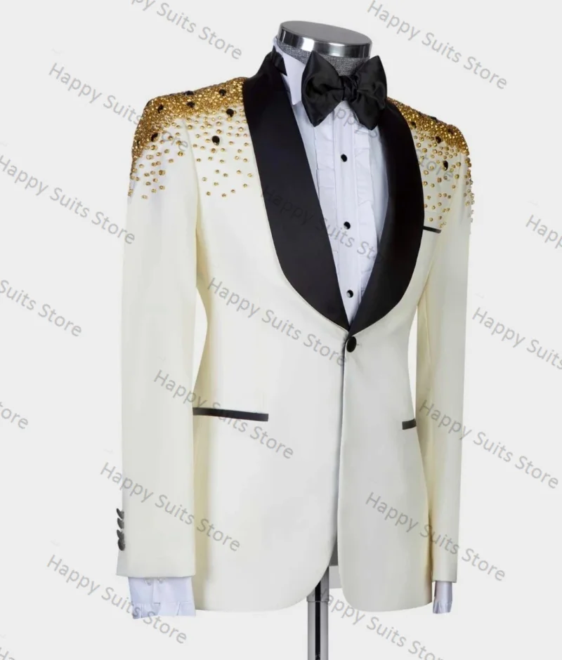 Gold Beaded White Groom Men Suit Set 2 Pieces Blazer+Black Pants Formal Work Wear Office Jacket Coat Trousers Wedding Tuxedos