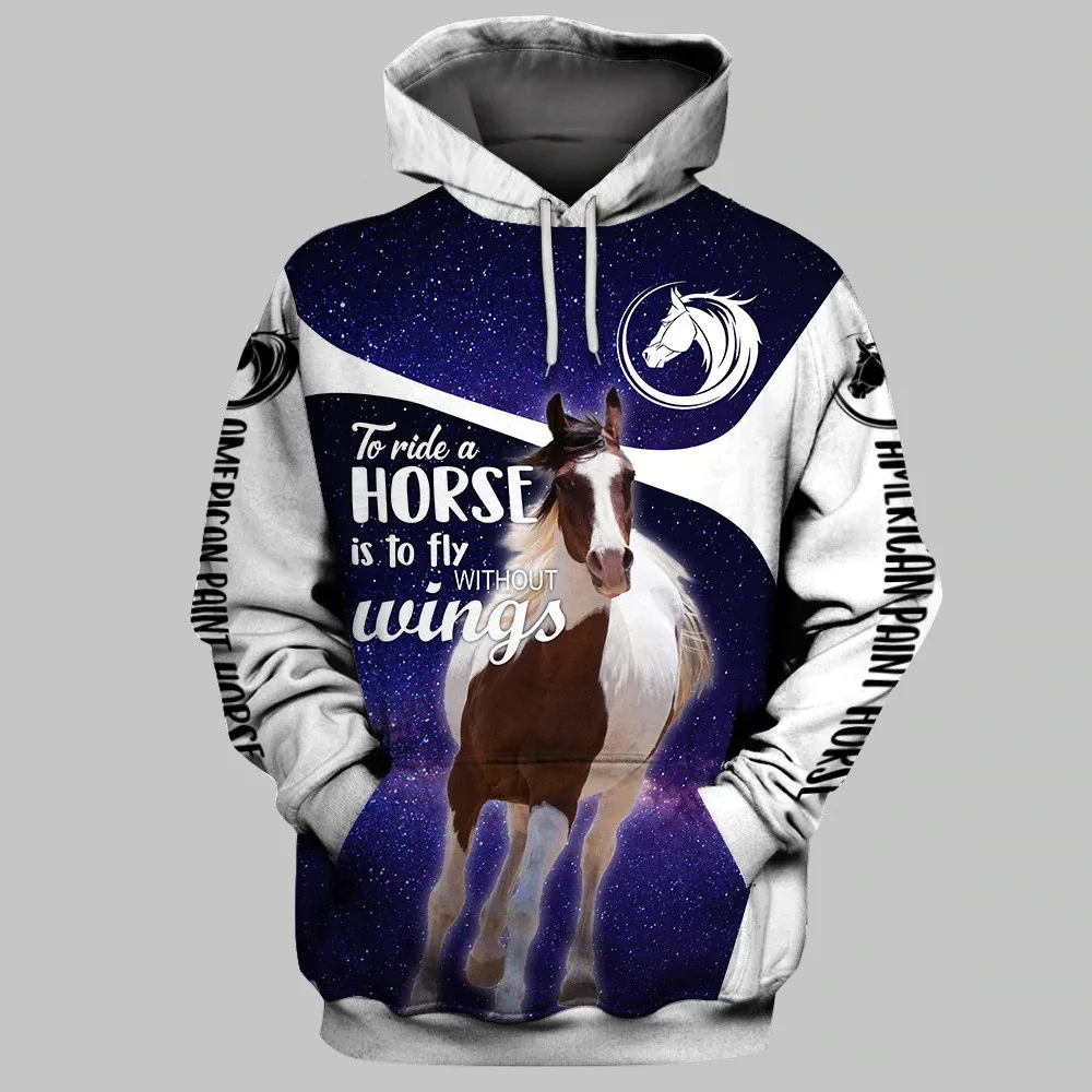 

HX Animals Horse Hoodies 3D Graphic Fly Without Wings Hoodie American Paint Horse Sportswear Casual Men Clothing