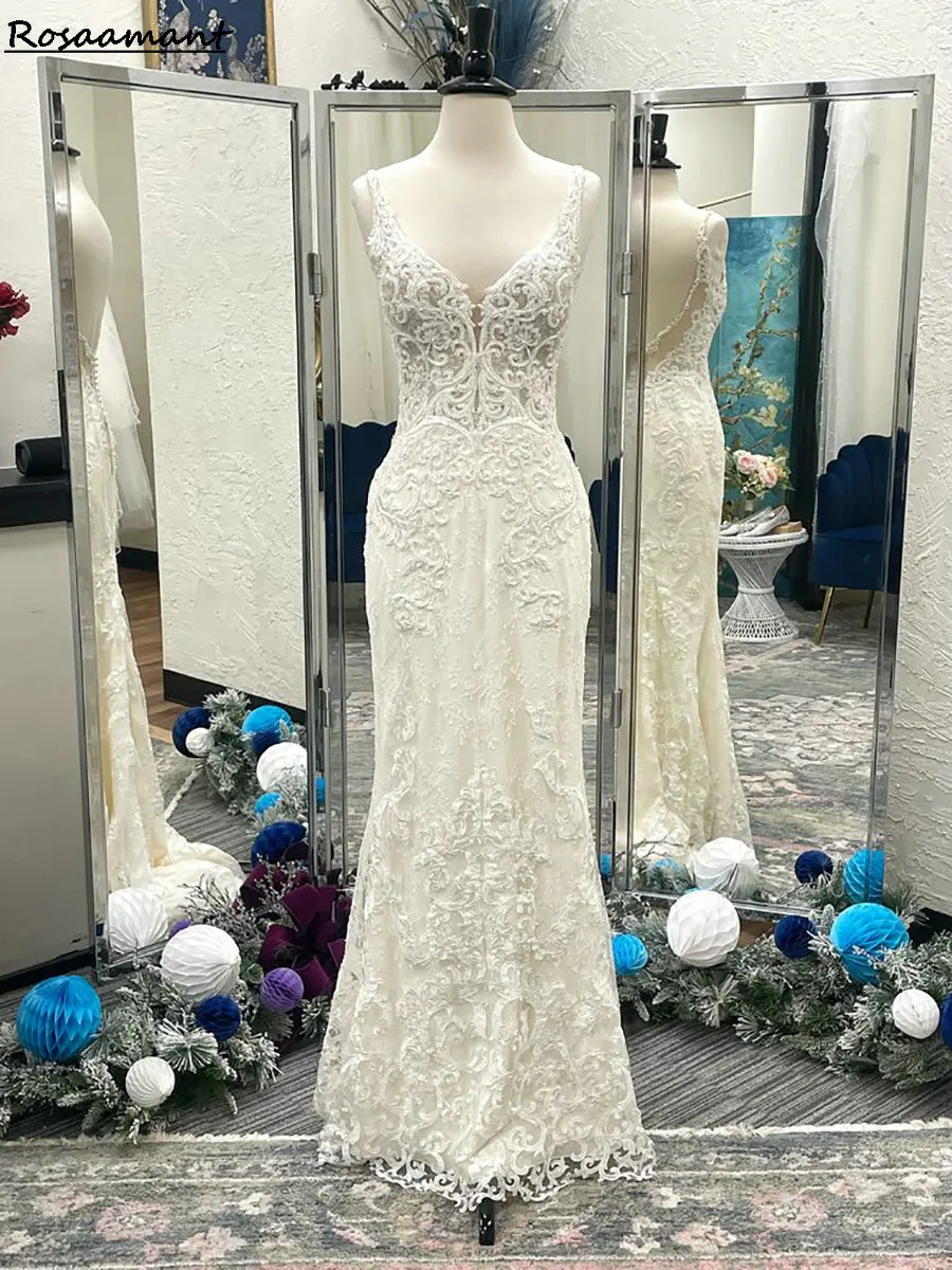 

Romantic Illusion V-Neck Backless Mermaid Wedding Dresses Sleeveless Appliques Lace Country Bridal Gowns
