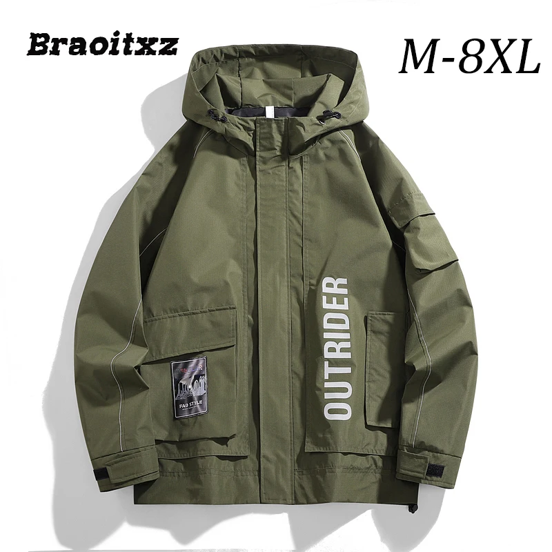 M-8XL New Men Spring Autumn Fashion Casual Windproof Breathable Travel Jacket Coats Men Hooded Printing Cargo Jacket Coats Men