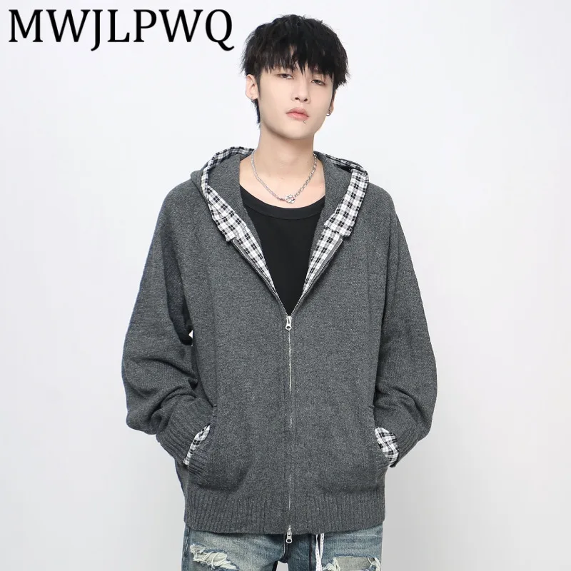

MWJLPWQ Американский уличный клетчатый лоскутный свитер с капюшоном для мужчин, ленивый стиль, пара, двойная молния, повседневный трикотаж, новинка осени 21162