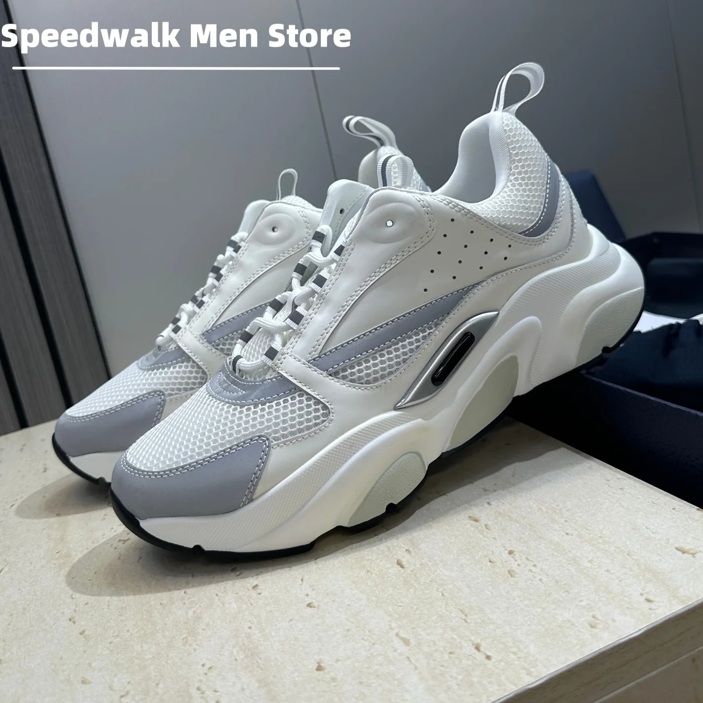 Men Breathable Mesh Leather Chunky Dad Sneakers Color Block Lace Up Cushioned Non Slip Outdoor Walking Shoes for All Seasons