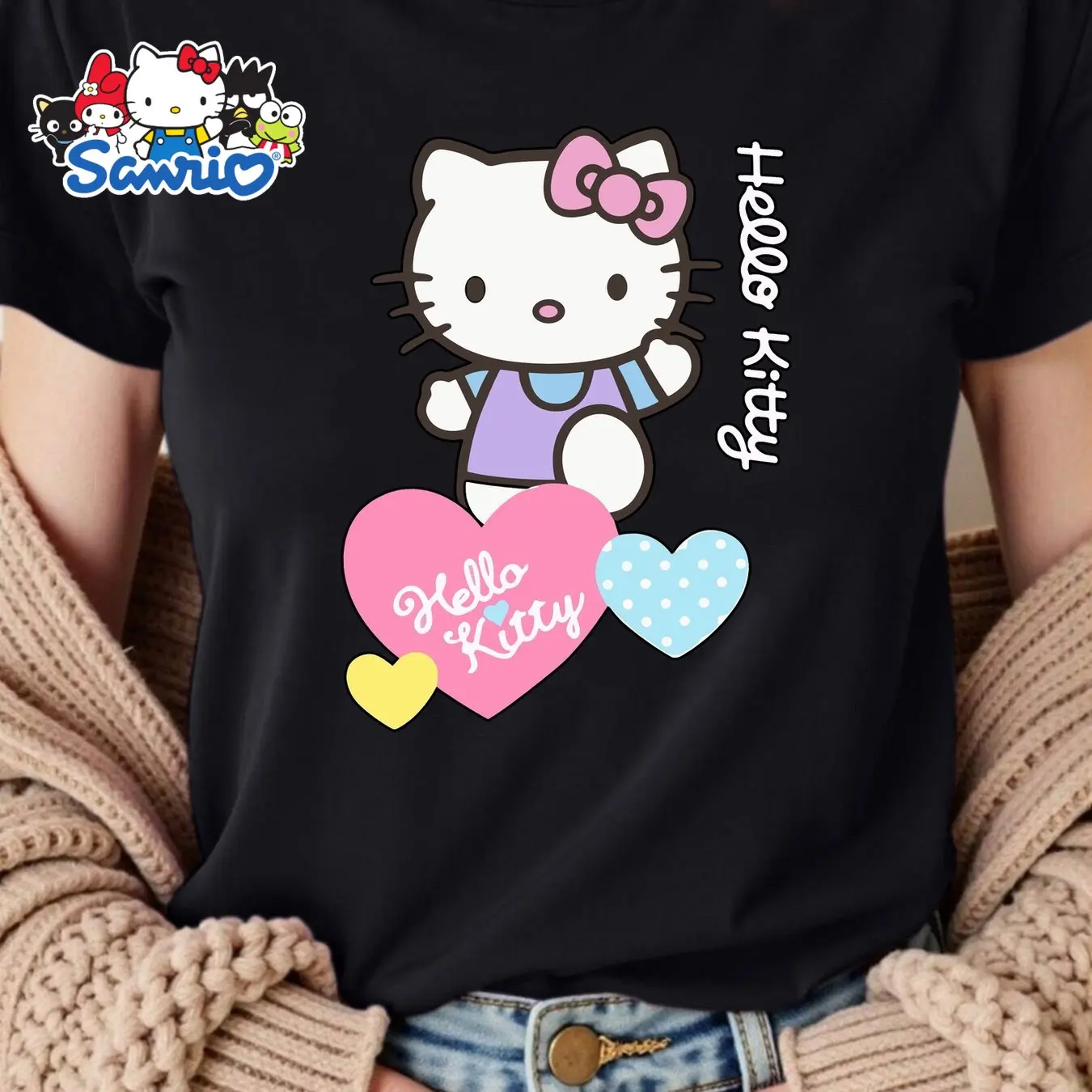 

Футболка с мультяшным принтом «Hello Kitty», летняя хлопковая женская футболка Sanrio больших размеров, свободный повседневный топ в стиле ретро Y2K с короткими рукавами