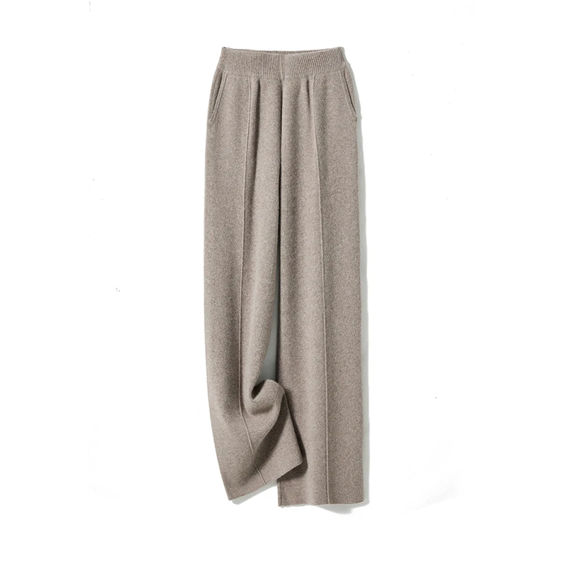 New Women' s Wool Side Pocket Wide Leg Pants Autumn Winter 100% Merino Wool Knit Pants Chic Office Lady Middle Seam Pants