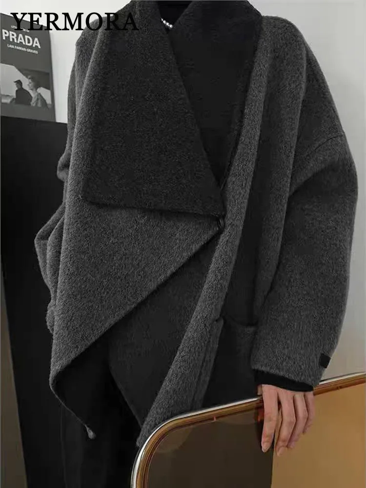 YERMORA Gray Buckle Casual Woolen Cloak Coat For Women Lapel Long Sleeve Loose New Overcoat Fashion Tide Autumn Winter 2025