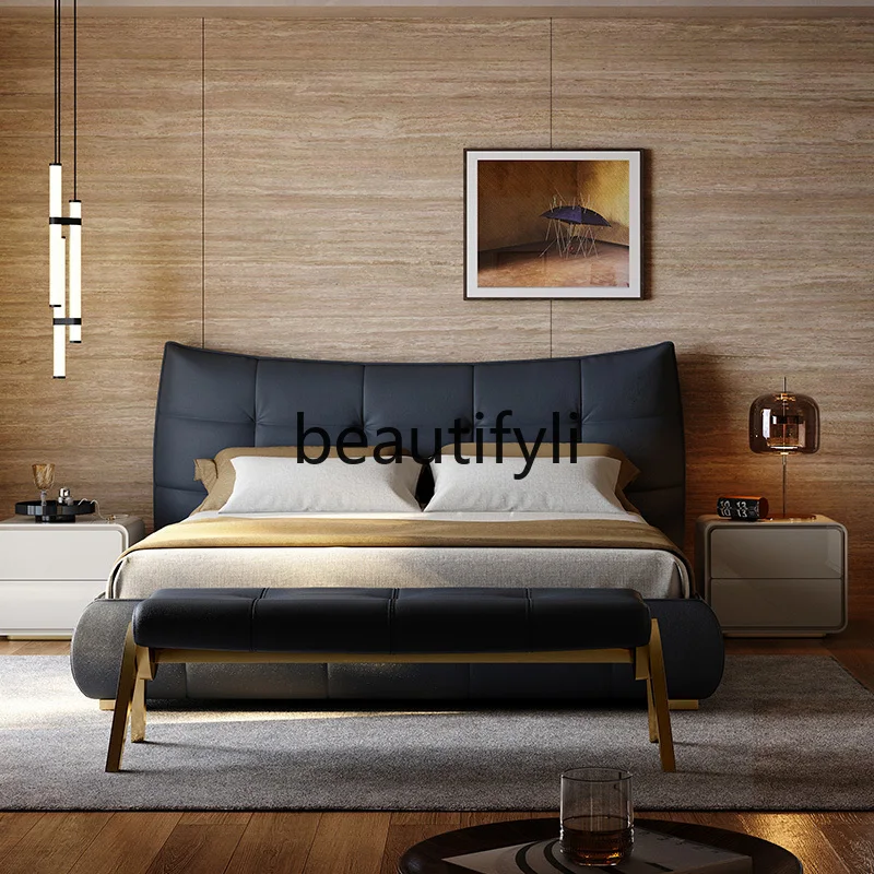 

Leather Bed Modern Minimalist Bedroom Italian Light Luxury High-end Double Bed