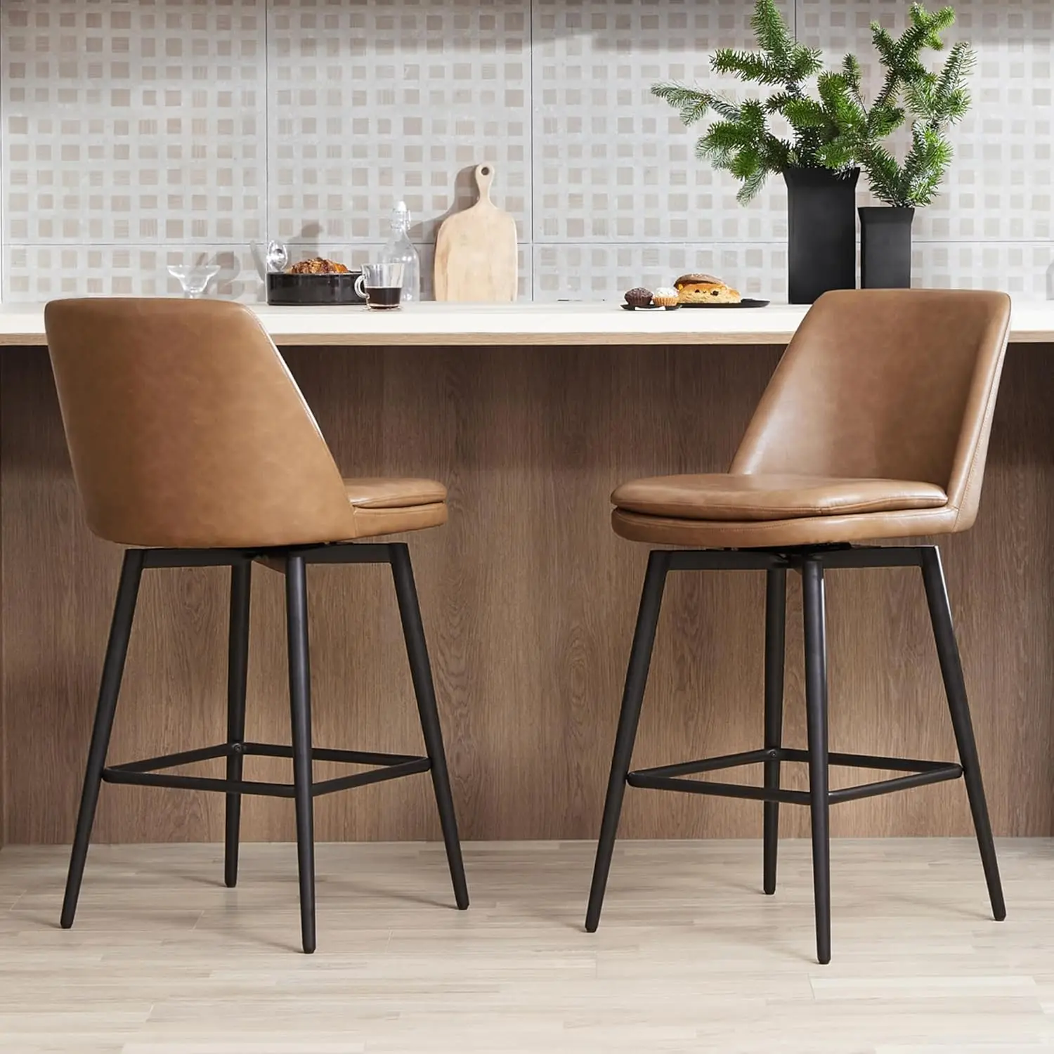 CHITA-Counter Altura Swivel Barstools, FSC Certified estofados do falso couro Bar Banquetas, Conjunto de 2, Metal Base, 27,2 na altura do assento