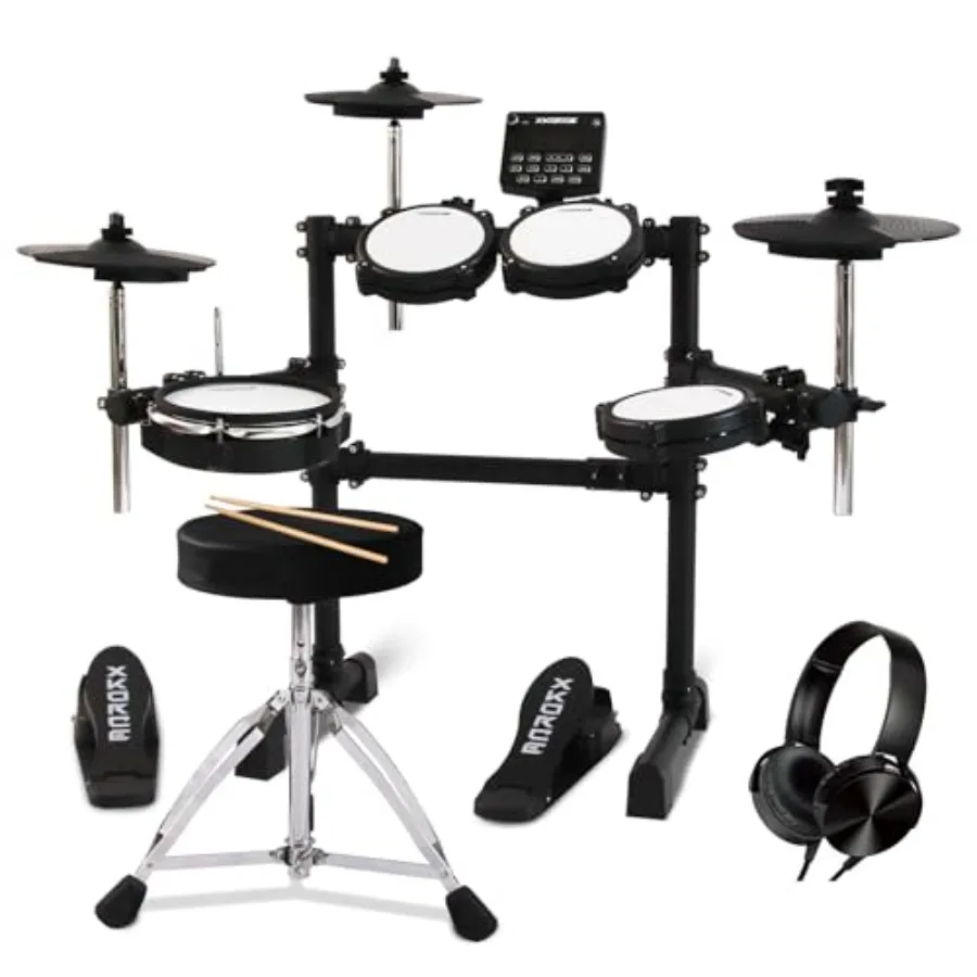 Batería electrónica con 4 pads de malla silenciosos, 360 sonidos, 2 pedales, auriculares, baquetas y función Bluetooth dual.