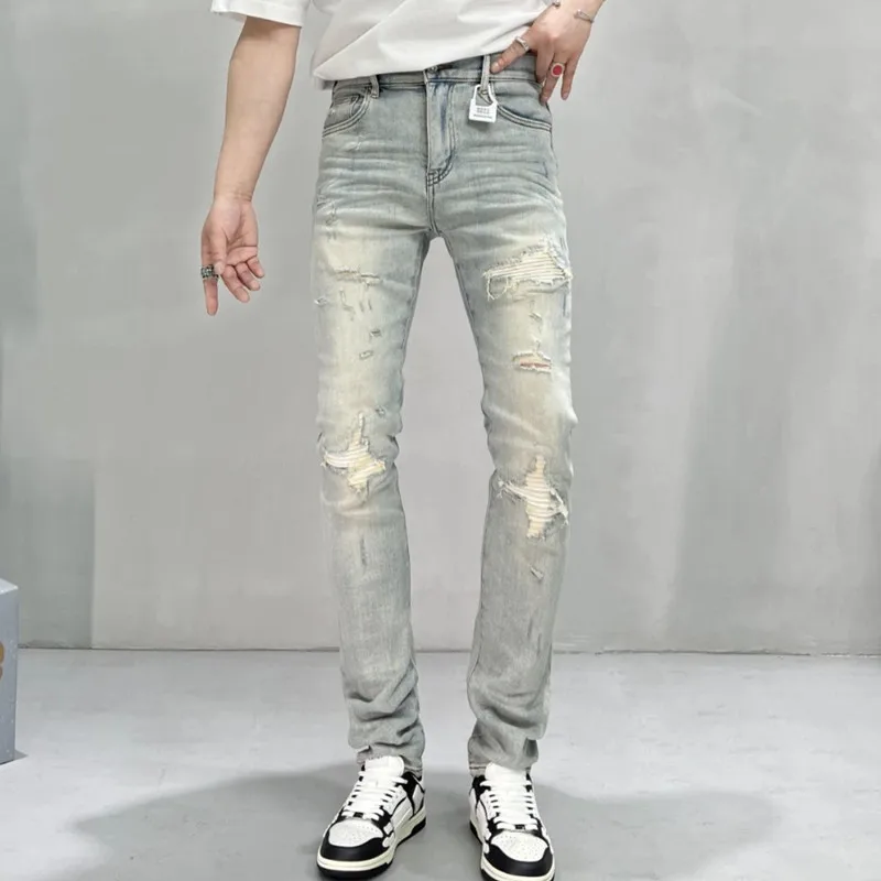 Men's Casual Denim Jeans Ripped HOLE Retro Light Blue Washed Korean Luxury Clothing Slim Spring  Autumn Fashion Stretchy Pants