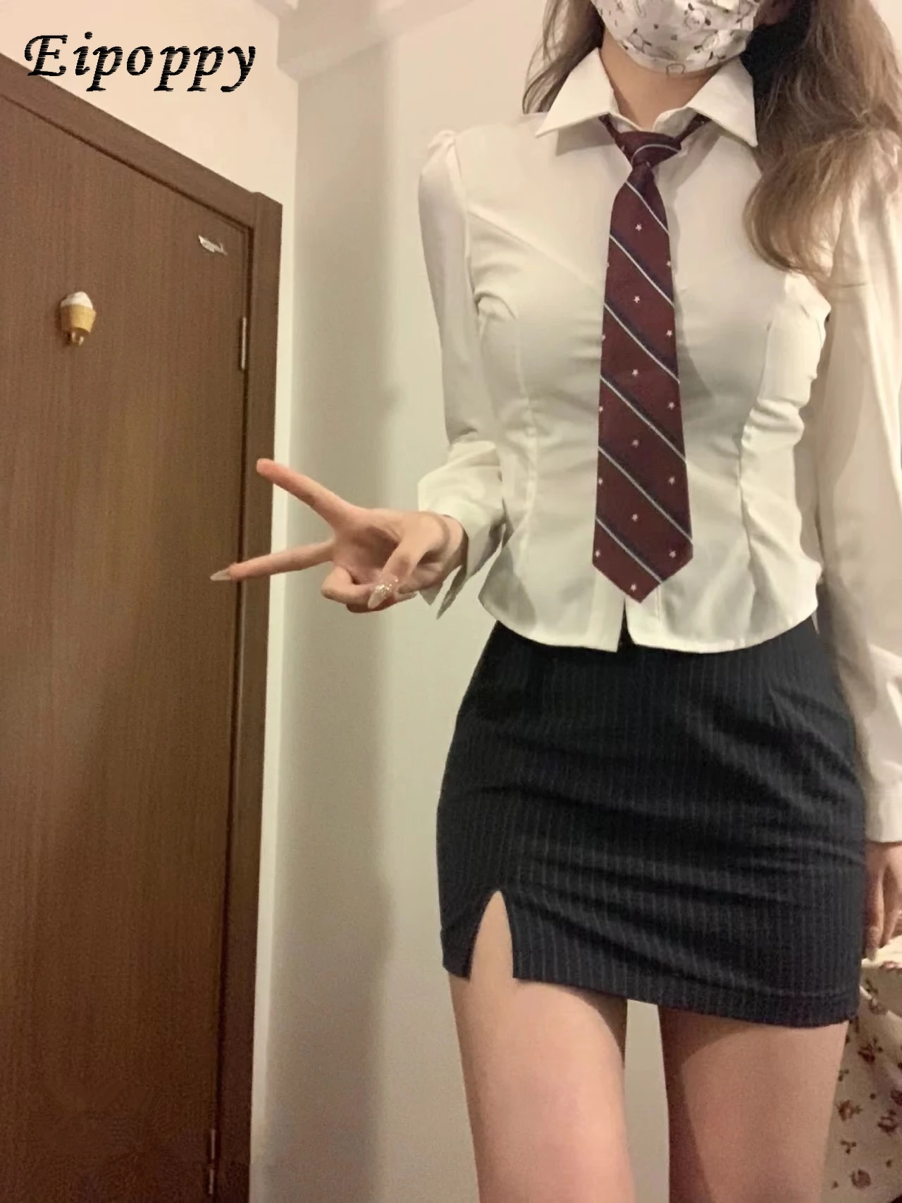 College Style Suit Short Coat Pure Hot Girl Long Sleeve Shirt Striped Sheath Skirt Outfit