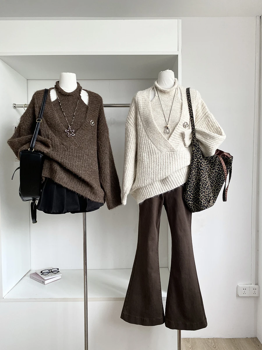 

Chic Lazy Style Sweater Outerwear Two-Piece Set Winter 2025 Korean INS Decorative Necklace Hanging Vest Fashionable Women's E...