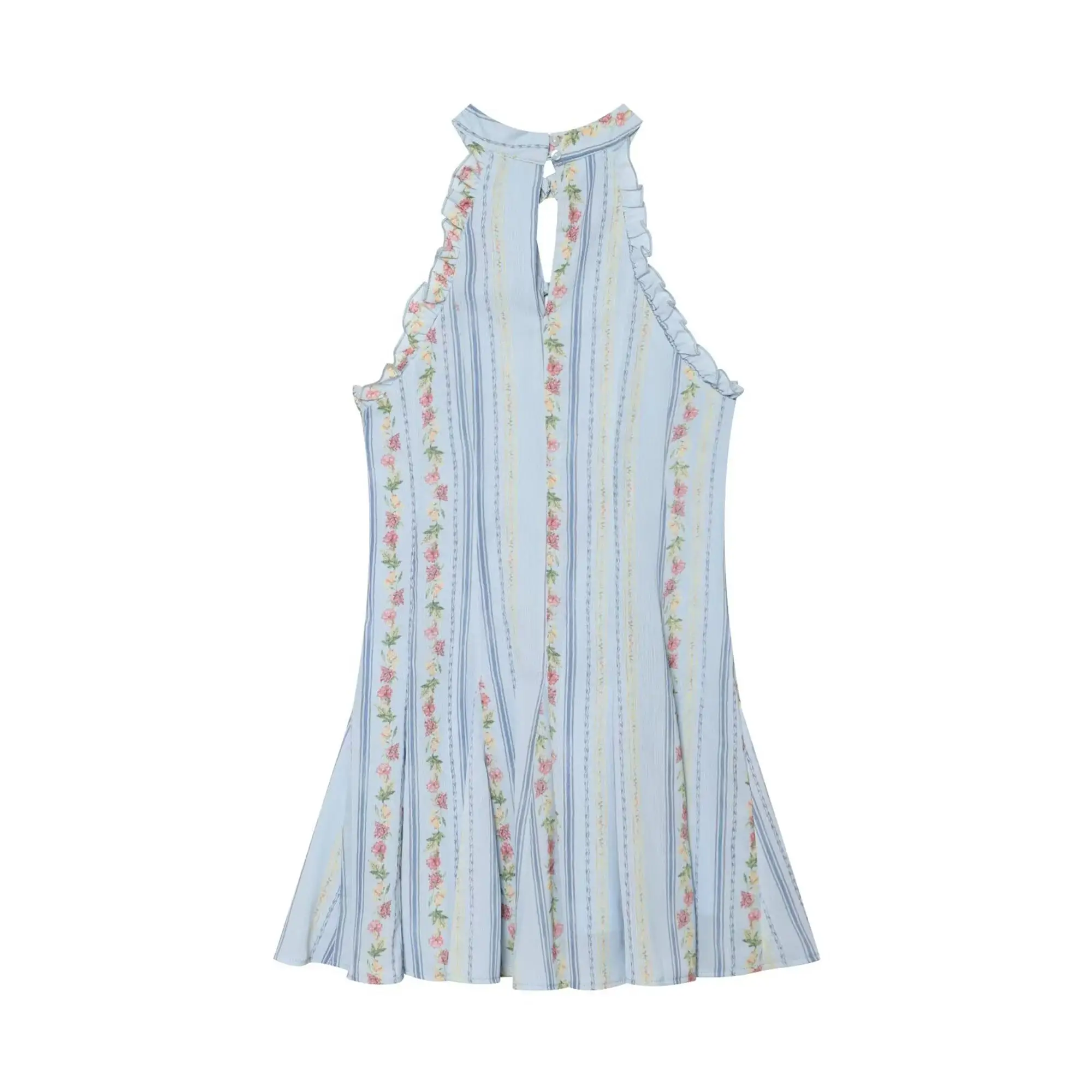 TFMLN Damen Blumenmuster Gestreiftes Neckholder-Kleid mit Rüschenbesatz, Schlüssellochausschnitt, Vordere Bindung, Ärmellos, Vintage Mini-Kleid, Strand- und Urlaubsoutfit, Sommer – Detail 3