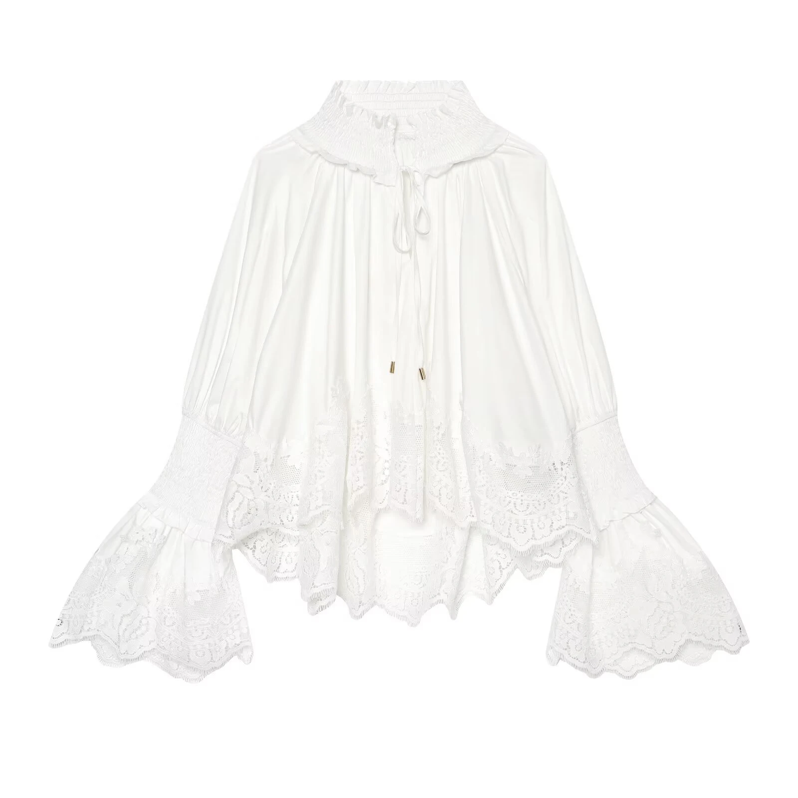 

European and American style 2026 summer new women's clothing lace embroidery lace flared cuff design shirt
