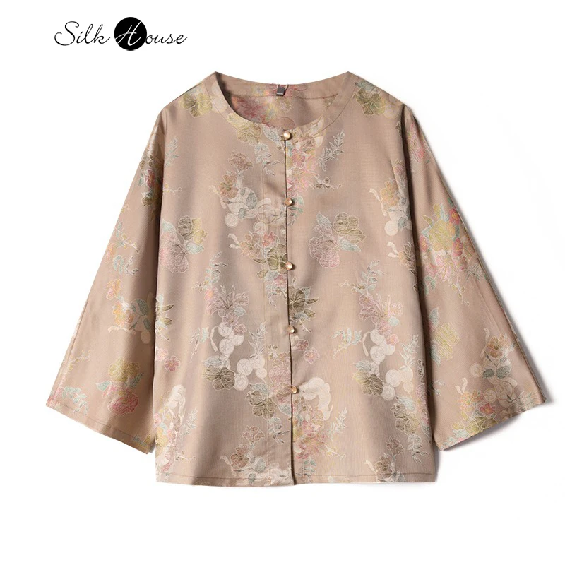 

2025 Women's Fashion Autumn New Versatile Comfortable 100% Natural Mulberry Silk Song Brocade Round Neck Long Sleeve Coat