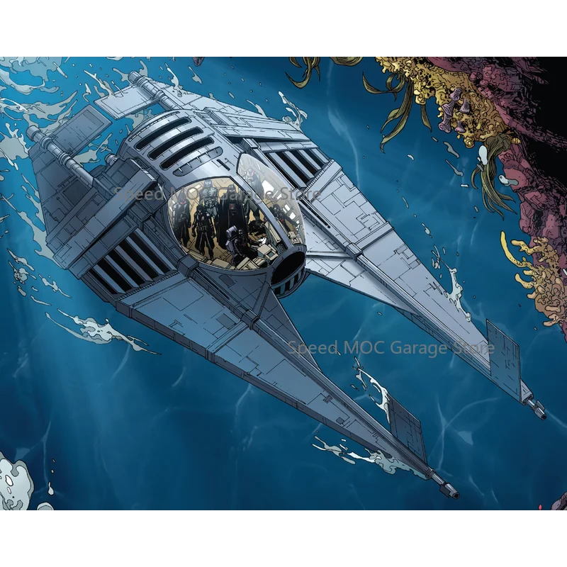 Futuristic Amphibious Space Assault Vessel MOC Brick Set Grey Split Wing Combat Spaceship with Interior Cockpit Building Blocks