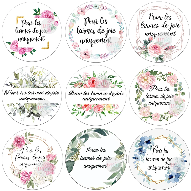 Pour Les Larmes De Joie Uniquement Floral Stickers Labels Round Self-adhesive Label Wedding Engagement Decor