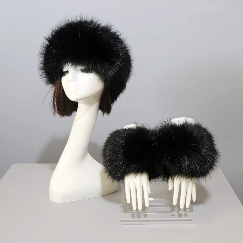 

Women New Winter Faux Fox Fur Headband Hats Cuffs Fashion Warmth Female Wrist Sleeve Gloves Faux Fur Cap Fashion Sets 3pcs/set