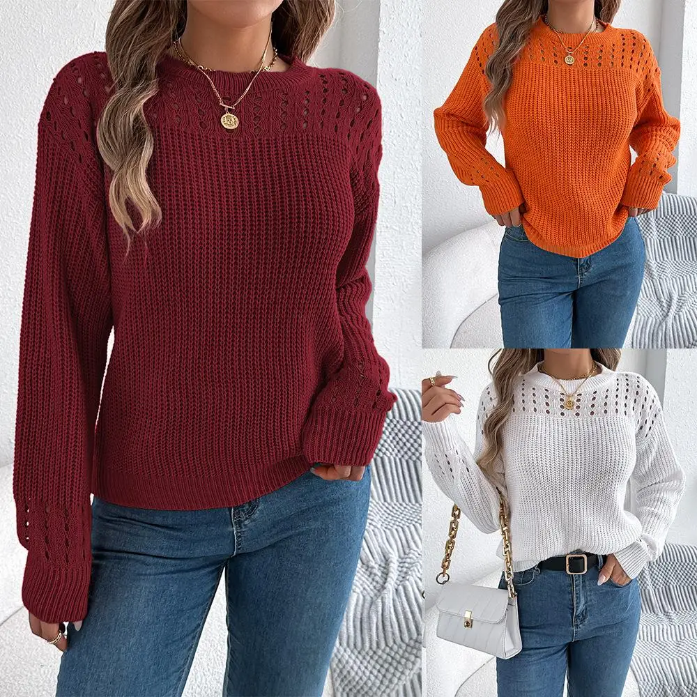 

Casual Long Sve Hoodie Knitted Sweater Hollow out Lantern Sve Pure Color Leisure Independent Station Cross Border Women...