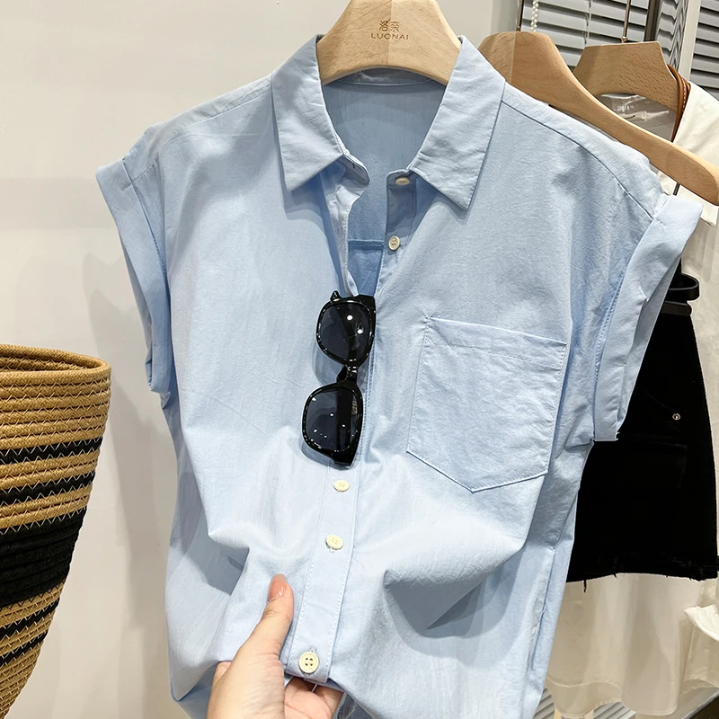 Summer Turn Down Collar Shirt Woman Casual Single-Breasted Loose Blouse 2024 Women Vintage Solid Color Street Sleeveless Shirts