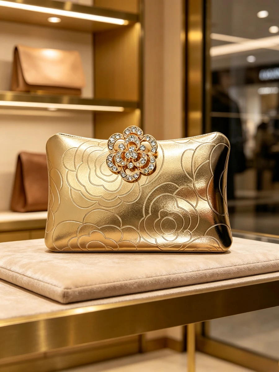 Pochette de soirée dorée métallique gaufrée à motif floral, décorée de fleurs de camélia en cristal, sac à main minimaliste pour mariage, pour femmes matures