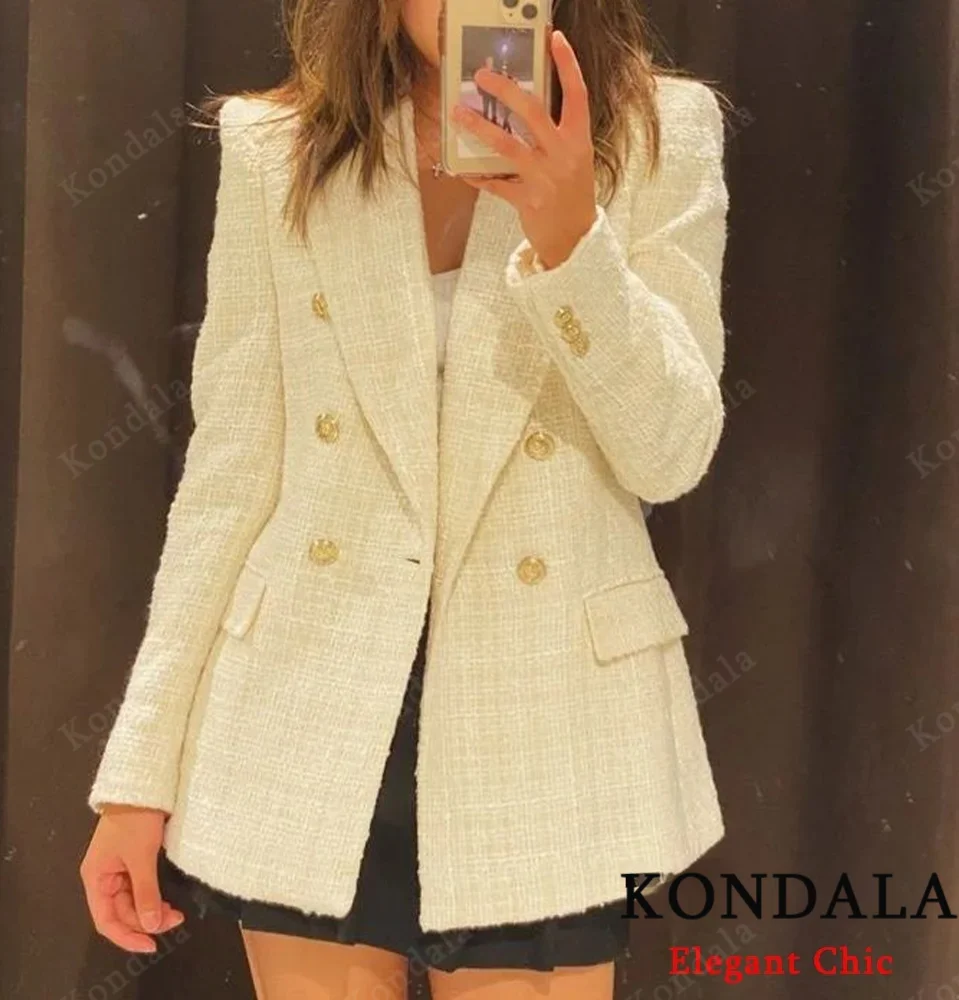 

KONDALA Women Elegant Textured Blazer Lapel Gold-Color Button Double Breasted Slim Blazer New 2025 Spring Fall Fashion Blazer