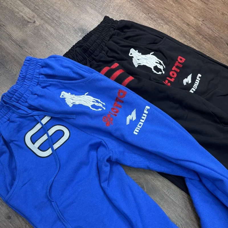 أسود أزرق Mowalola التطريز الحرب الحصان فارس أرقام 6 شعار Sweatpants الرجال النساء كاني ويست السراويل تيري عادية فضفاض بنطلون