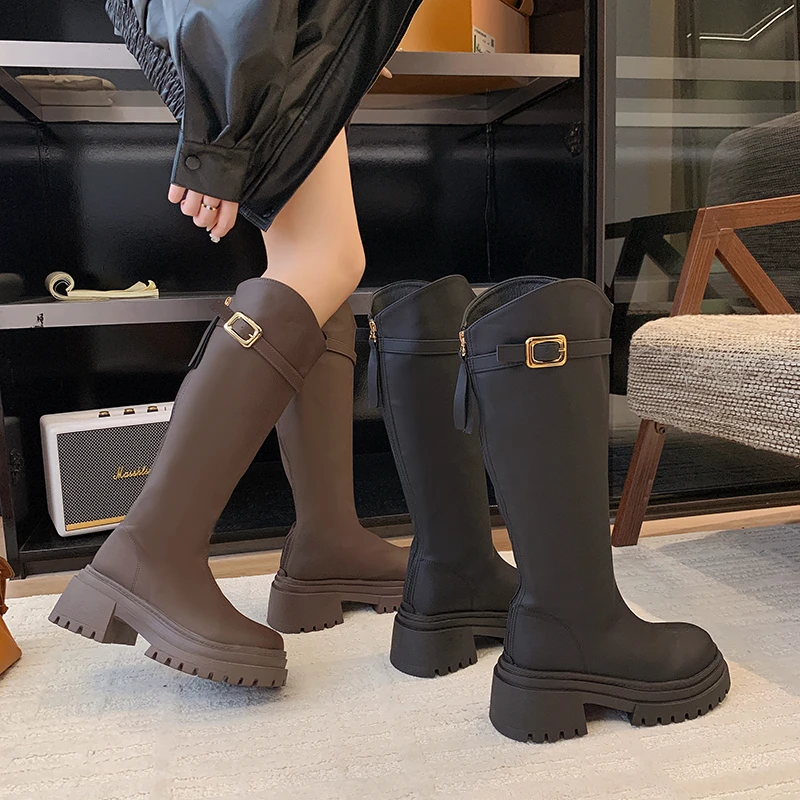 2025 plattform Frauen Ritter Lange Stiefel Mode Warme Pelz Schuhe Herbst Winter Quadratische Absätze Damen Kniehohe Frauen Booties