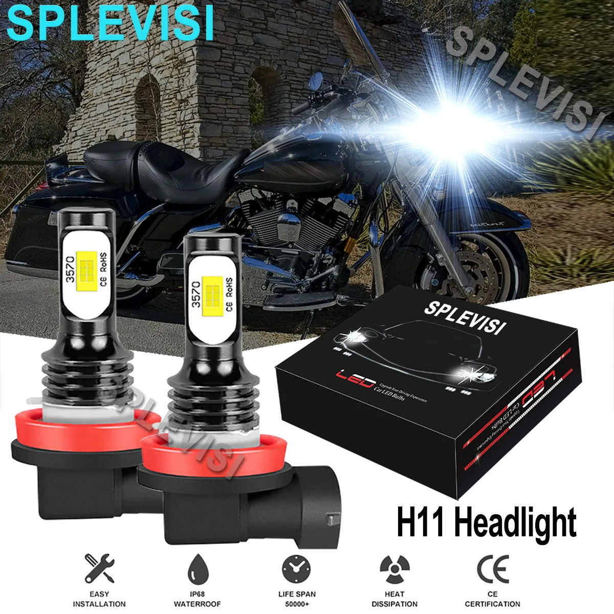 2x70W  H11 Bulbs H8 LED Headlight 6000K Pure White Kit For Harley FLHR Road King 2014 2015 2016 2017 2018 2019 Low Beam