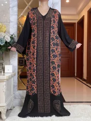 2023 Dubai Muslim Women Long Sleeve Dress With Belt and Scarf  Loose Maxi  Robe Femme Diamond African Comfort Print Floral Abaya