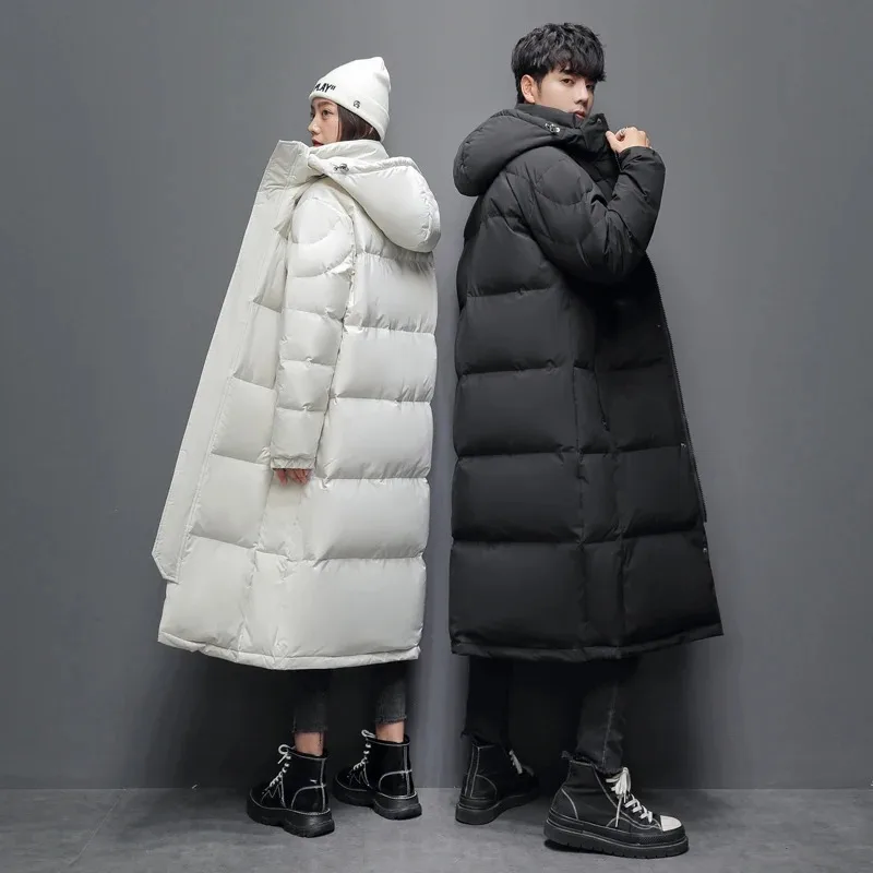 Winter Long White Down Jackets Men Women Hooded Thick Warm Over-the-Knee Puffer Jacket Man Overcoats Couple Padded Down Coat