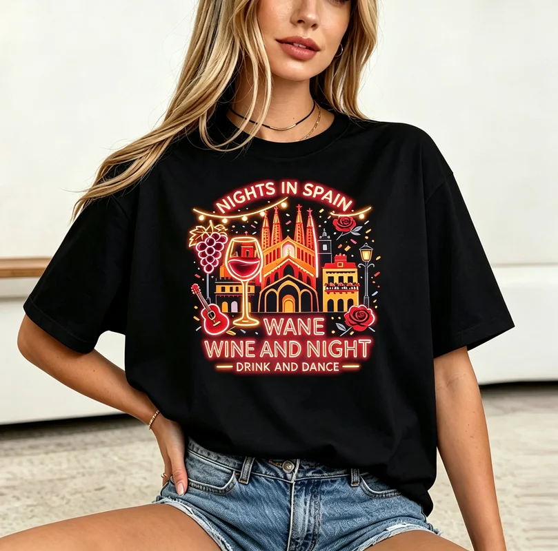 Novelty Spain Travel Souvenir Tee for Women Nights in Spain City Wine Grape Print Casual Short Sleeve Holiday Drinking Party