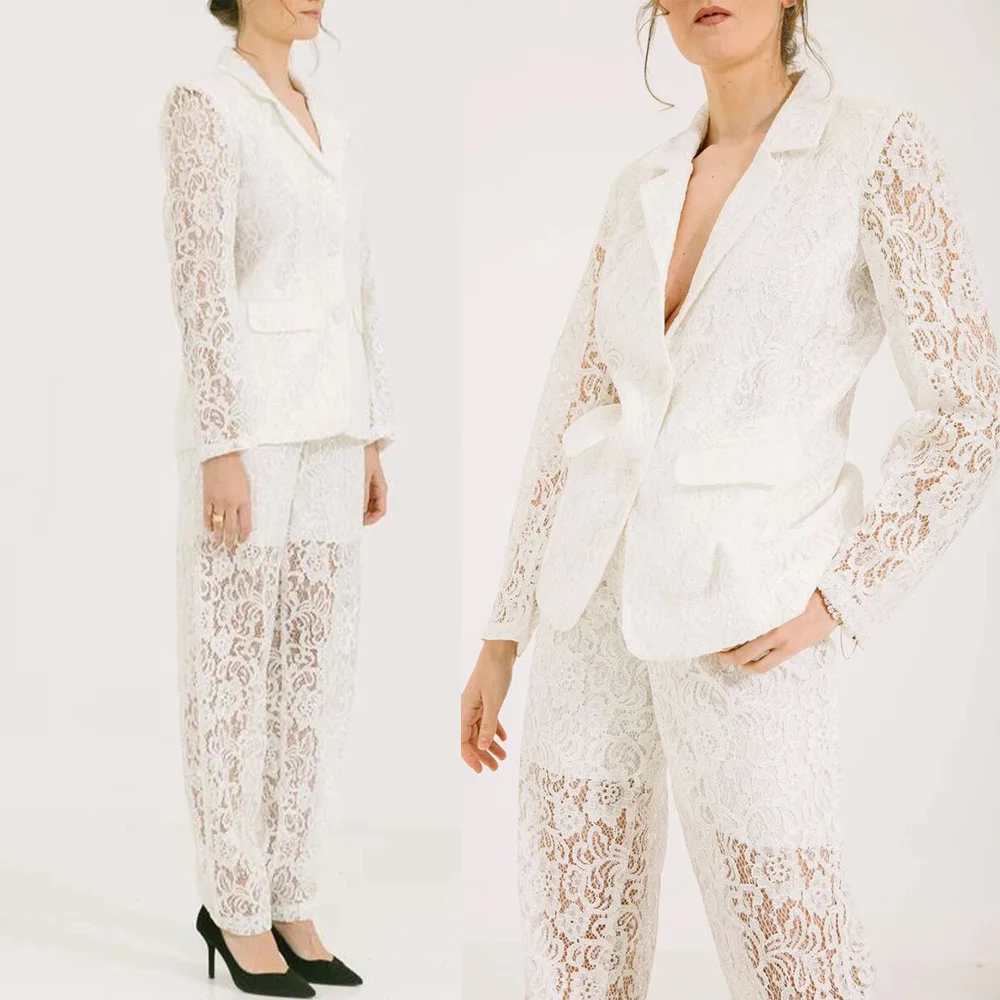 White Lace Women Blazer Suits 2 Pieces Illusion Notched Lapel Slim Fit Jacket Custom Made Pencil Pants Daily Casual Dress