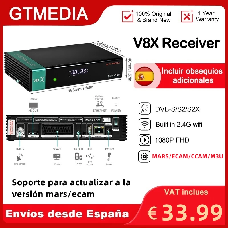 GTMEDIA V8X DVB-S/S2/S2X Satellite Receiver HEVC H.265 Built-in 2.4G WIFI With CA Card Reader STB Support M3U/CCAM/IKS/MARS/ECAM